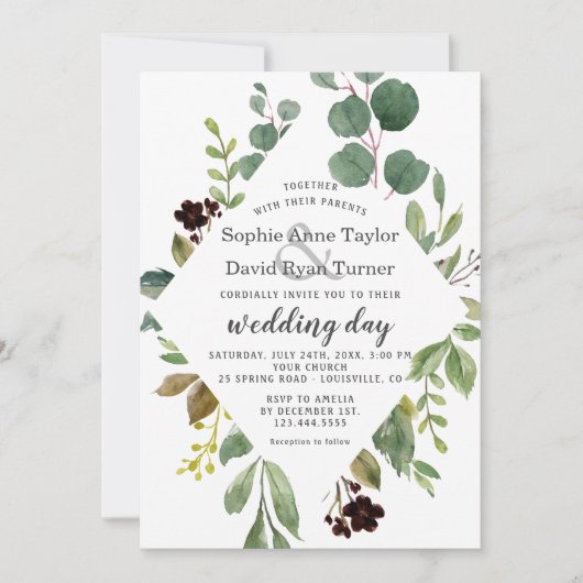 Invitation Cadre de mariage de verdure à l'aquarelle (Devant)