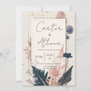 Invitation Cadre de mariage doré aux fleurs séchées Boho