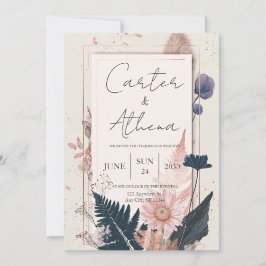 Invitation Cadre de mariage doré aux fleurs séchées Boho (Devant)