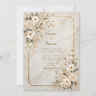 Invitation Cadre de mariage doré en marbre floral ivoire