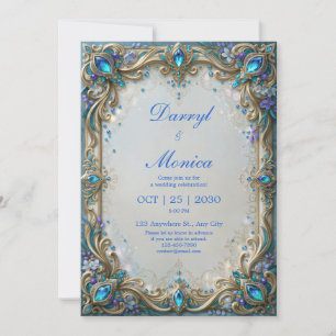 Invitation Cadre de mariage en filigrane doré bijou sarcelle