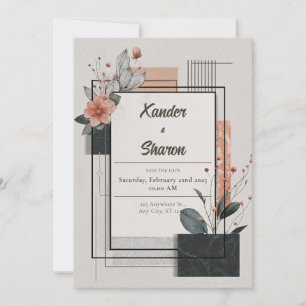 Invitation Cadre de mariage floral en terre cuite noir abstra