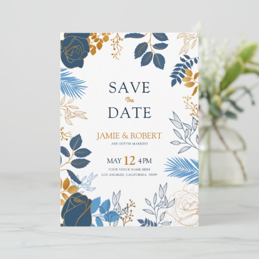 Invitation Cadre de mariage moderne avec fleurs dorées et ble (Debout devant)