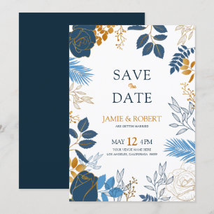 Invitation Cadre de mariage moderne fleurs or et bleu