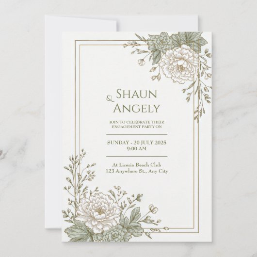 Invitation Cadre de mariage orné de pivoines gravées vert sau (Devant)