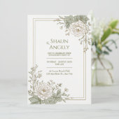 Invitation Cadre de mariage orné de pivoines gravées vert sau (Debout devant)