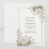 Invitation Cadre de mariage orné de pivoines gravées vert sau (Devant / Derrière)