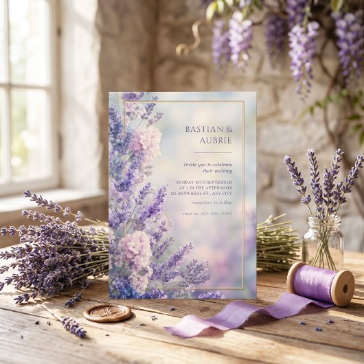 Invitation Cadre de mariage romantique bleu clair lavande dor
