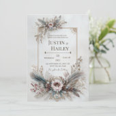 Invitation Cadre de mariage rose doré floral à plumes bohème (Debout devant)