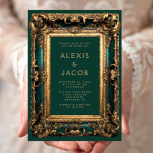 Invitation Cadre de mariage vintage orné vert émeraude et or