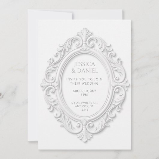 Invitation Cadre de médaillon ovale rococo embossé blanc (Devant)