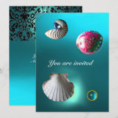 Invitation CADRE DE MER DAMASK GEM BEACH MARIAGE bleu aquamar (Devant / Derrière)