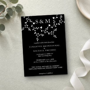 Invitation Cadre de monogramme floral élégant en noir et blan