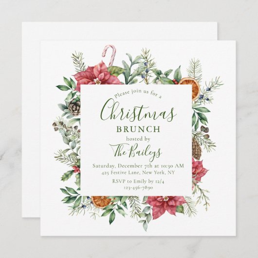 Invitation Cadre de Noël Floral | Brunch de Noël (Devant / Derrière)