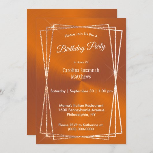 Invitation Cadre de Parties scintillant orange moderne Annive (Devant / Derrière)