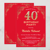 Invitation Cadre de Parties scintillant rouge et or 40e anniv (Devant / Derrière)