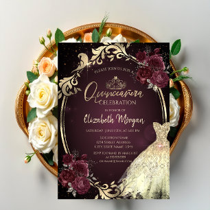 Invitation Cadre de robe dorée avec roses bordeaux Quinceañer