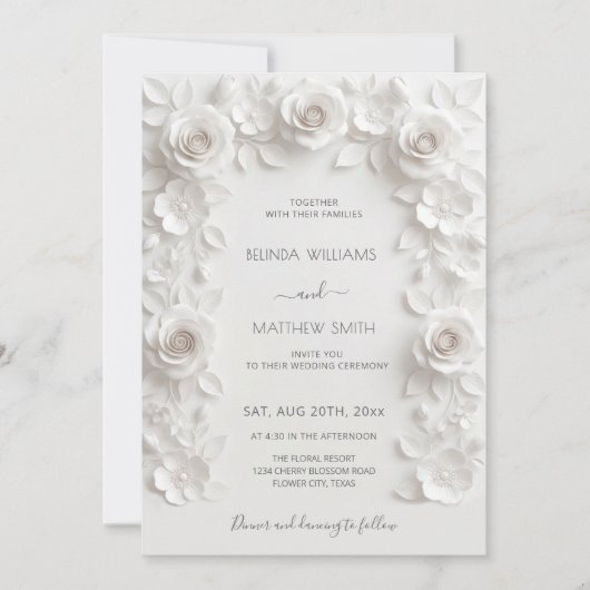 Invitation Cadre de roses 3D blanches Mariage Simple (Devant)