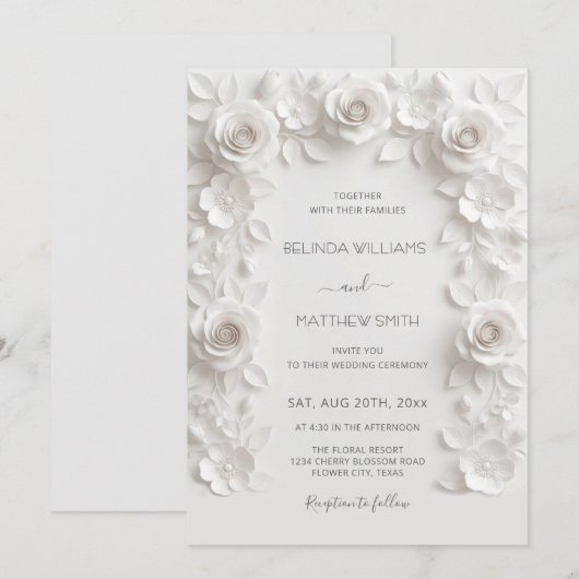 Invitation Cadre de roses en relief faux blanc mariage minima (Devant / Derrière)