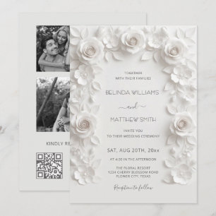 Invitation Cadre de roses en relief faux blanc pour 3 photos