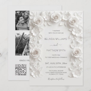 Invitation Cadre de roses en relief faux blanc pour 3 photos 