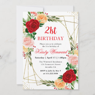 Invitation Cadre de roses orange rouge aquarelle pour 21e ann
