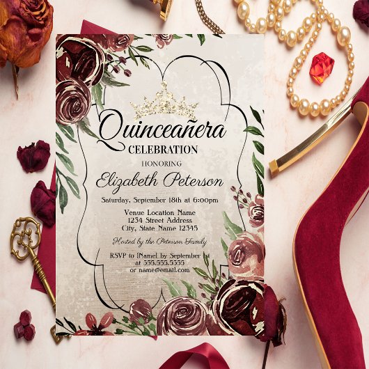 Invitation Cadre de roses rouges Quinceañera
