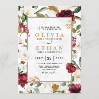 Invitation Cadre de verdure de magnolia burgundy élégant flor