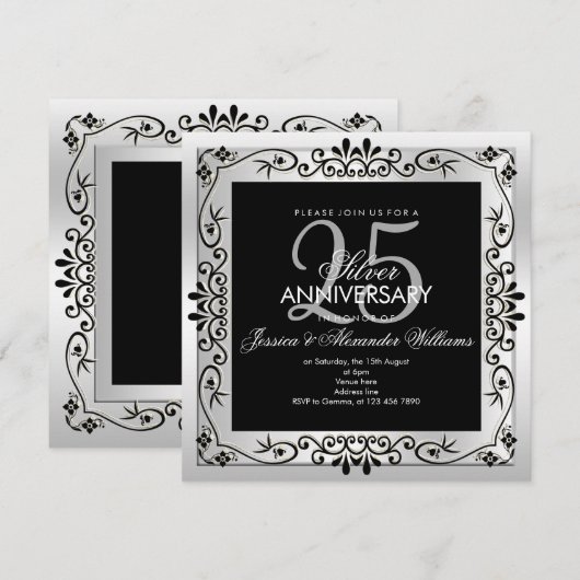 Invitation Cadre décoratif argenté chic pour 25e anniversaire (Devant / Derrière)