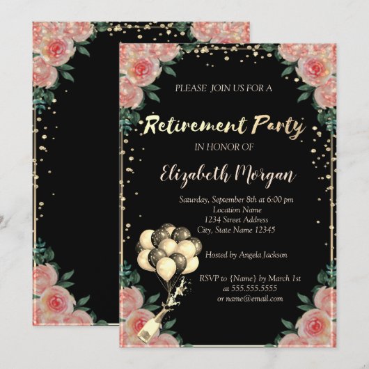 Invitation Cadre Diamants, Ballons, Fête de Retraite Florale (Devant / Derrière)