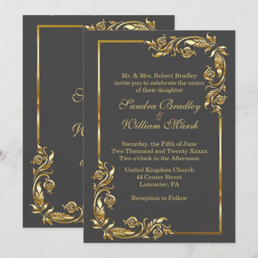 Invitation Cadre d'or Elégant Gris de Charbon avec impression (Devant / Derrière)