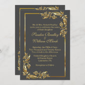 Invitation Cadre d'or Elégant Gris de Charbon avec impression (Devant / Derrière)