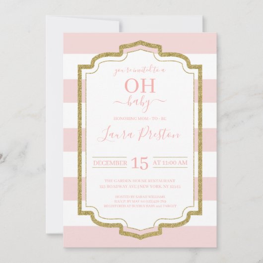 Invitation Cadre d'or et Baby shower de Pink Stripes (Devant)