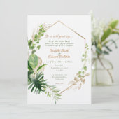 Invitation Cadre d'or géométrique Tropical Green Feuille Mari (Debout devant)