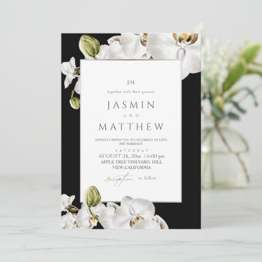 Invitation Cadre d'orchidées blanches pour un mariage élégant (Debout devant)