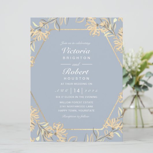 Invitation Cadre doré à fleurs bleues Dusty Mariage Invitatio (Debout devant)