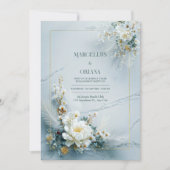 Invitation Cadre doré à texture de marbre et fleurs blanches  (Devant)