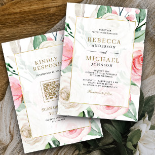 Invitation Cadre doré avec code QR Fleurs roses et ivoire Mar