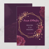 Invitation cadre doré avec des fleurs sur un fond bordeaux  (Devant / Derrière)