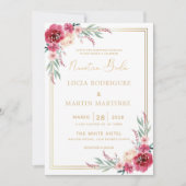 Invitation Cadre doré avec feuilles vertes et fleurs rouges N (Devant)