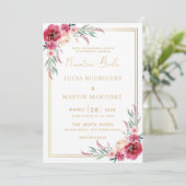 Invitation Cadre doré avec feuilles vertes et fleurs rouges N (Debout devant)