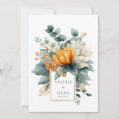 Invitation Cadre doré avec fleurs blanches orange et eucalypt (Devant)