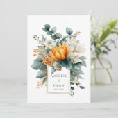Invitation Cadre doré avec fleurs blanches orange et eucalypt (Debout devant)