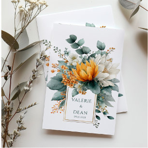 Invitation Cadre doré avec fleurs blanches orange et eucalypt