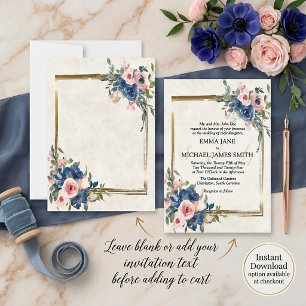 Invitation Cadre doré avec fleurs roses et bleues vierge