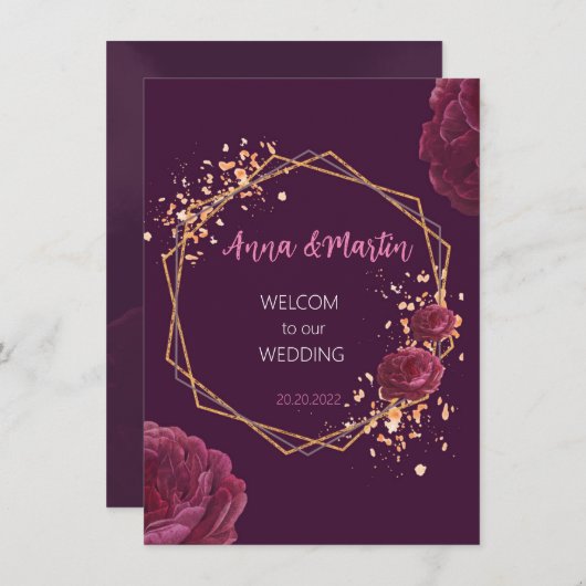 Invitation cadre doré avec fleurs sur fond bordeaux (Devant / Derrière)