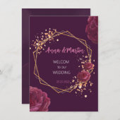 Invitation cadre doré avec fleurs sur un bordeaux (Devant / Derrière)