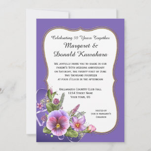 Invitation Cadre doré avec pensées rose violet pour 50e anniv