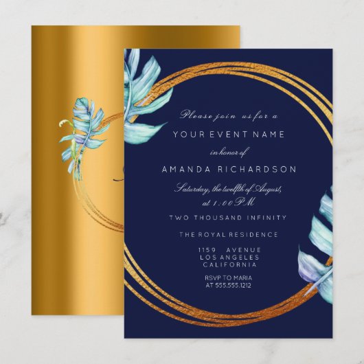 Invitation Cadre doré Bleu Nuit Monogramme Tropical Mariage (Devant / Derrière)