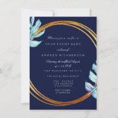 Invitation Cadre doré Bleu Nuit Monogramme Tropical Mariage (Devant)